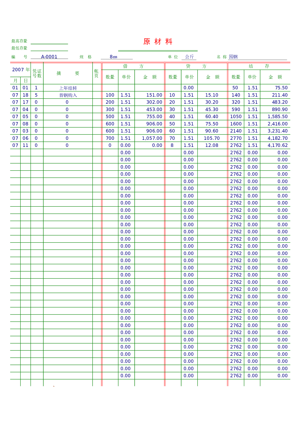 账页模板（总分类账明细分类账原材料物资进销存多栏式明细账页记账凭证）.xls 第6页