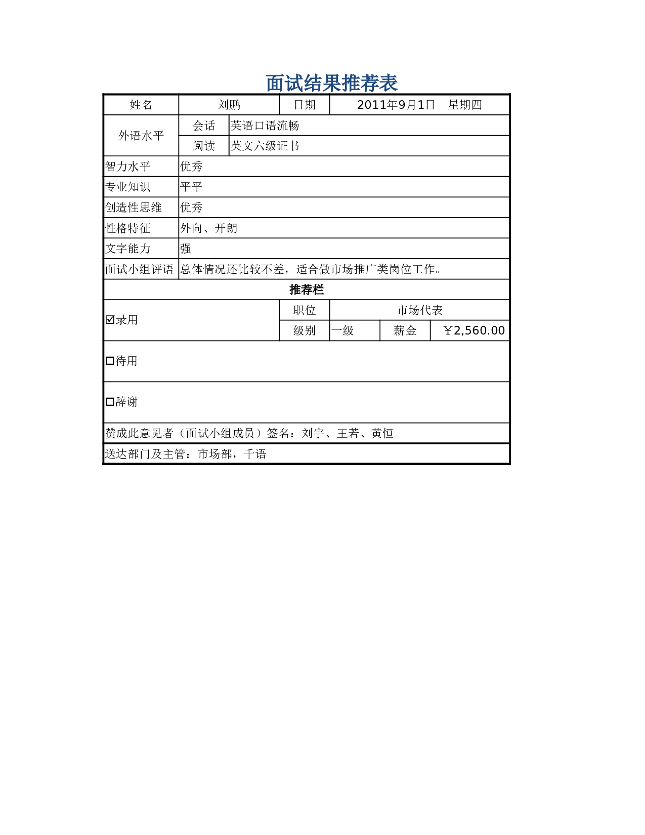 文件39  面试结果推荐表.xlsx 第1页