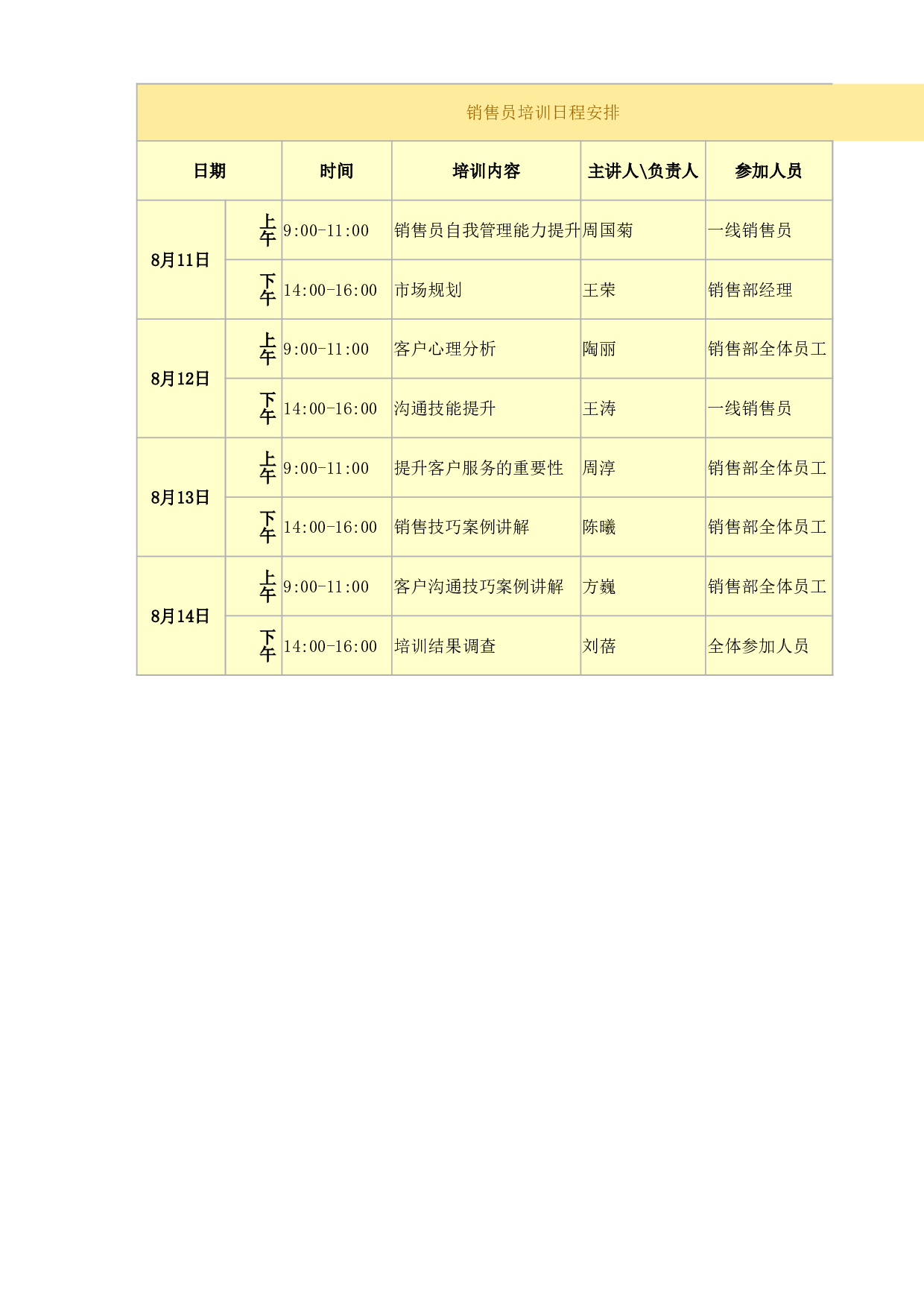 销售员培训日程安排.xlsx 第1页