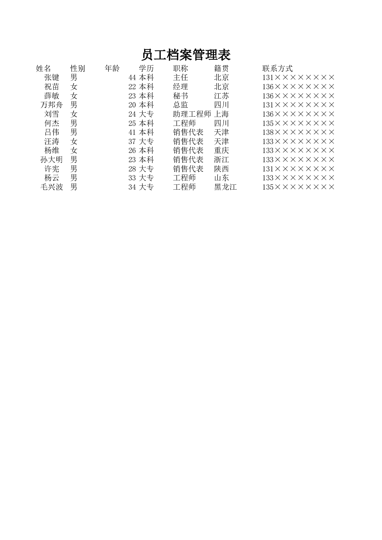员工档案管理表.xls 第1页