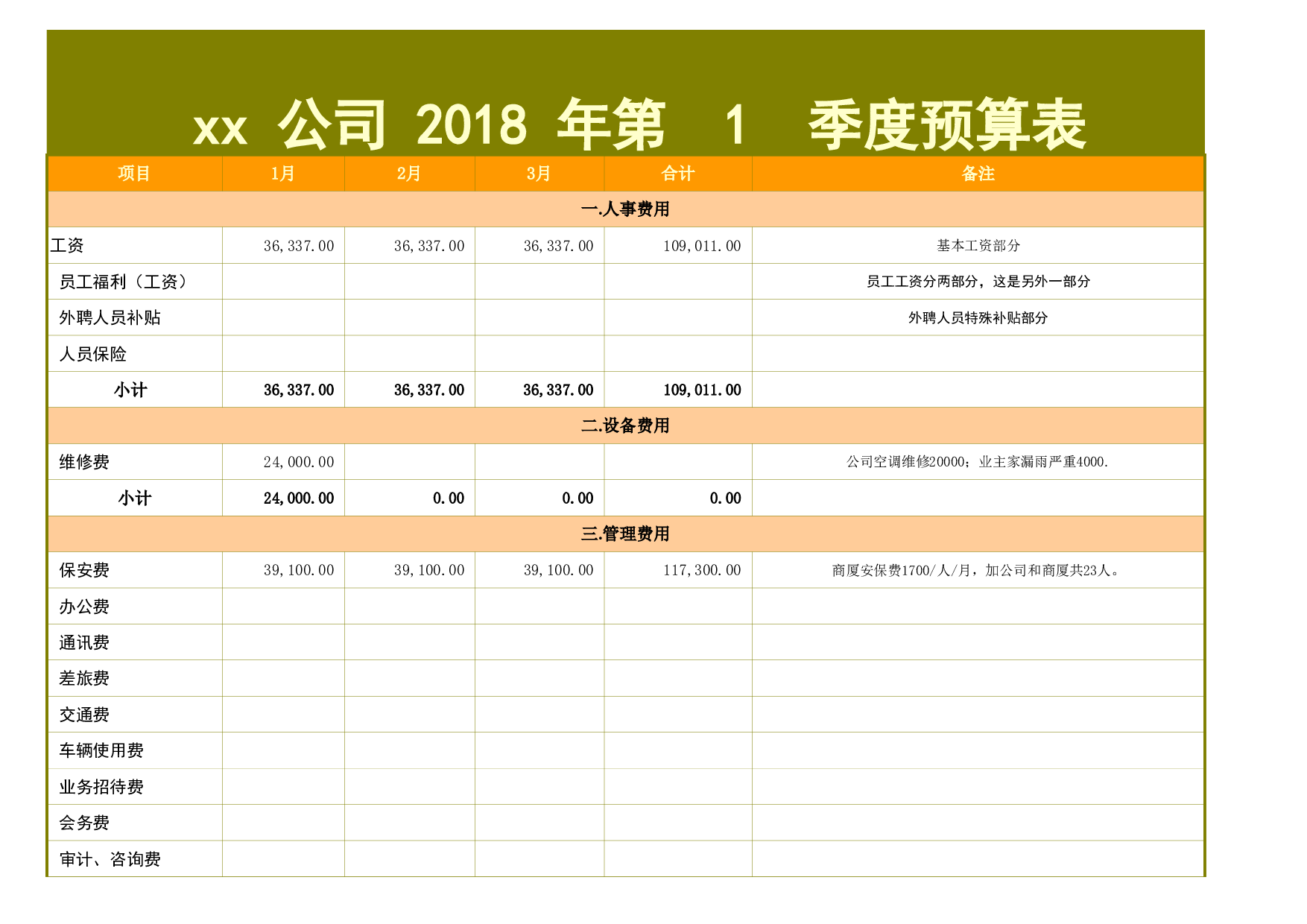 公司年度季度预算项目明细记录excel表模板.xls 第1页