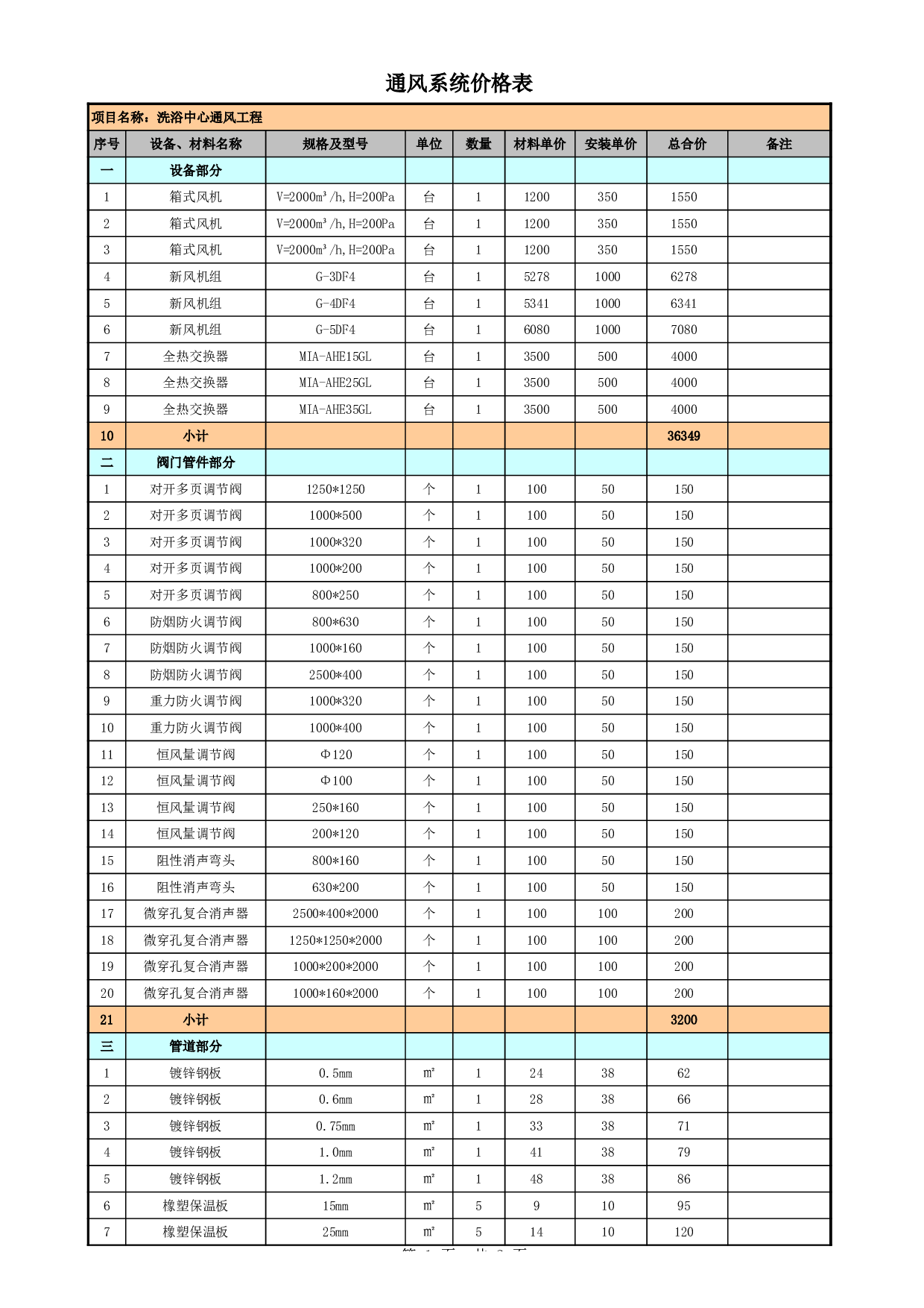 通风系统报价单模板.xls 第1页