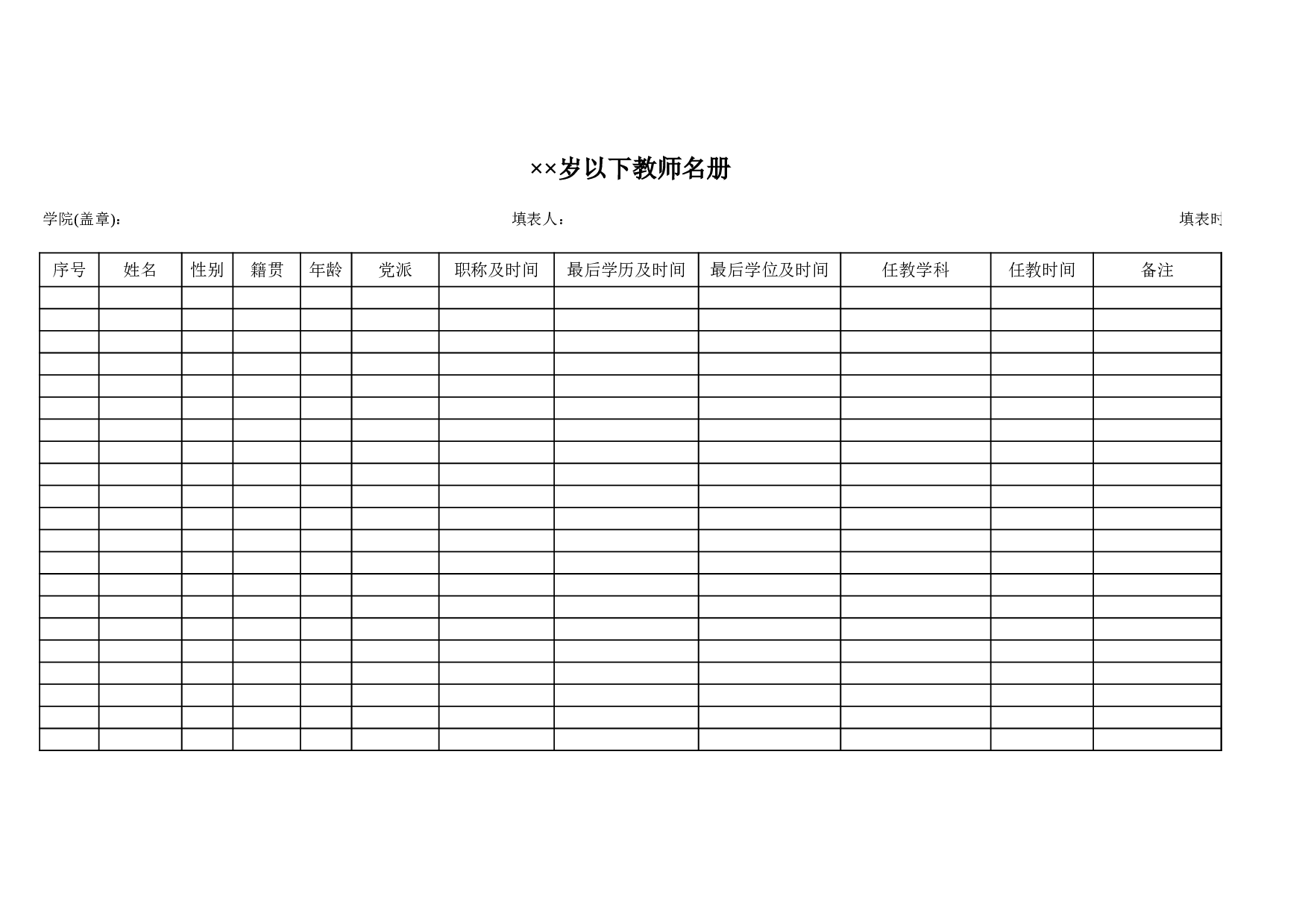 全院&times;&times;周岁以下教师名册.xls 第1页