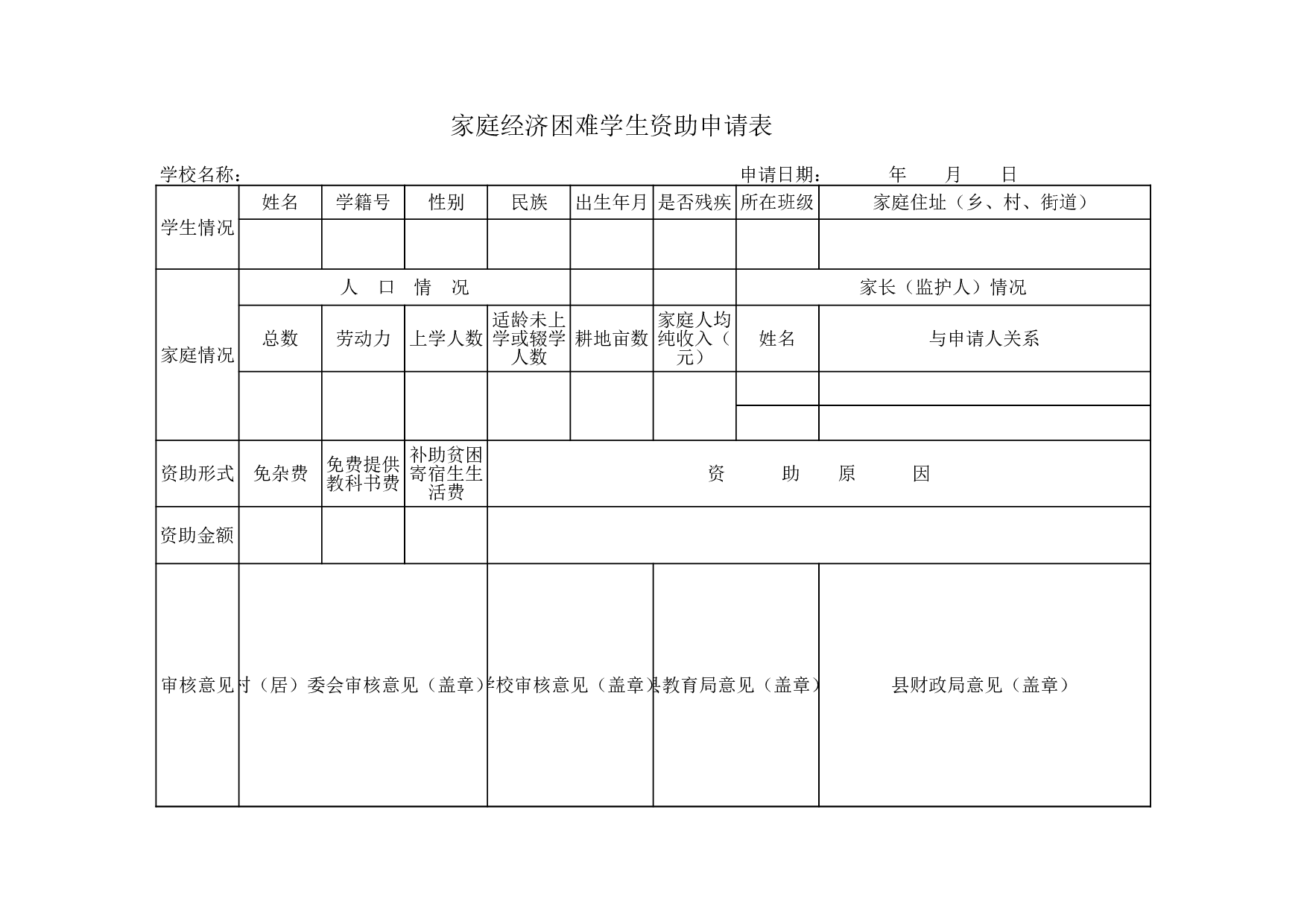 家庭经济困难学生资助申请表.xls 第1页