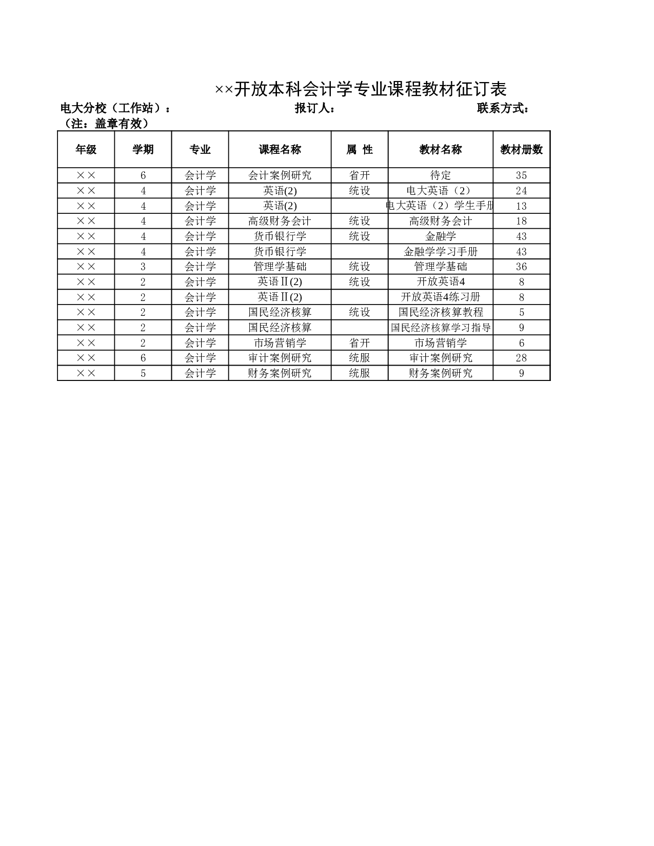 开放本科会计学专业课程教材征订表.xls 第1页