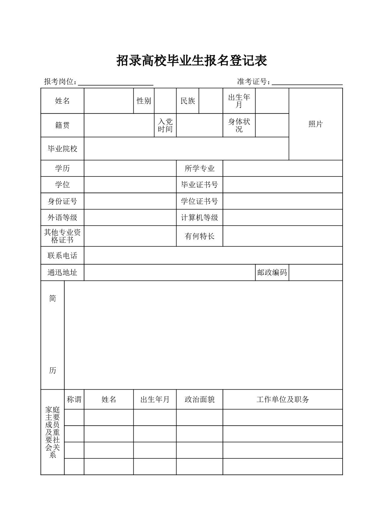 招录高校毕业生报名登记表.xls 第1页