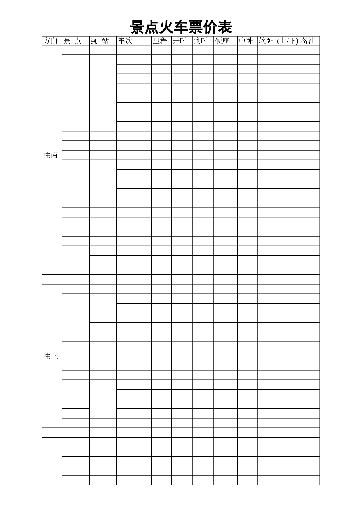 景点火车票价表.xls 第1页