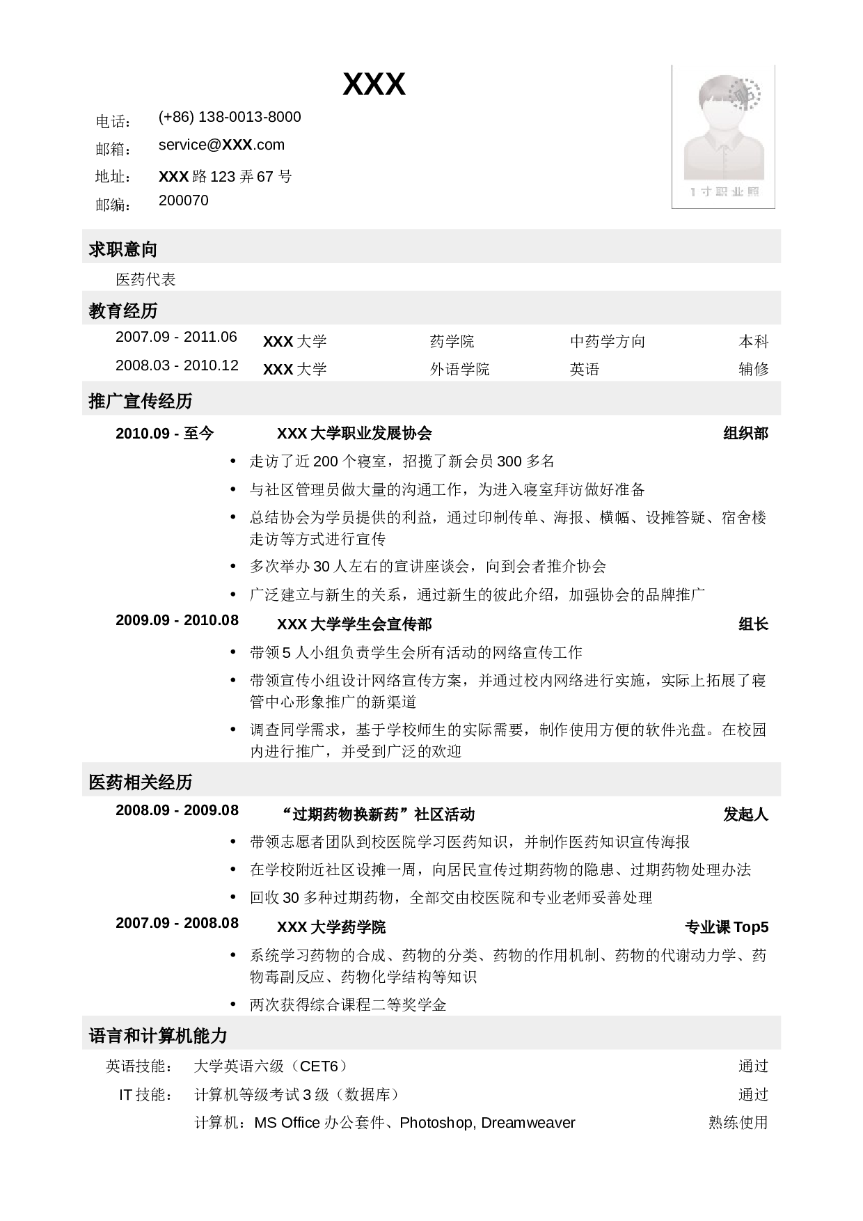 乔布堂经典医药代表简历模板.doc 第1页
