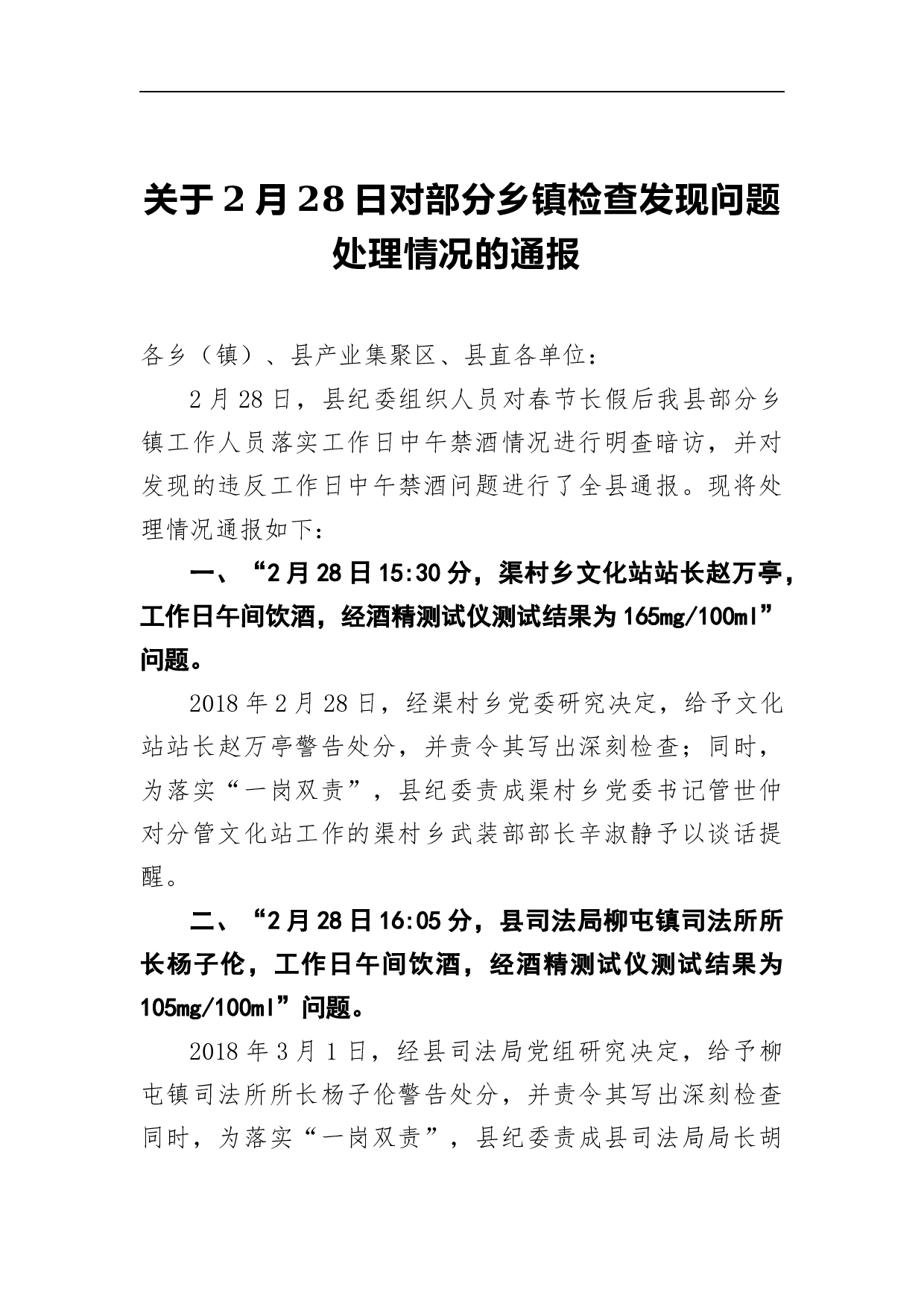 关于2月28日对部分乡镇检查发现问题处理情况的通报.docx 第1页
