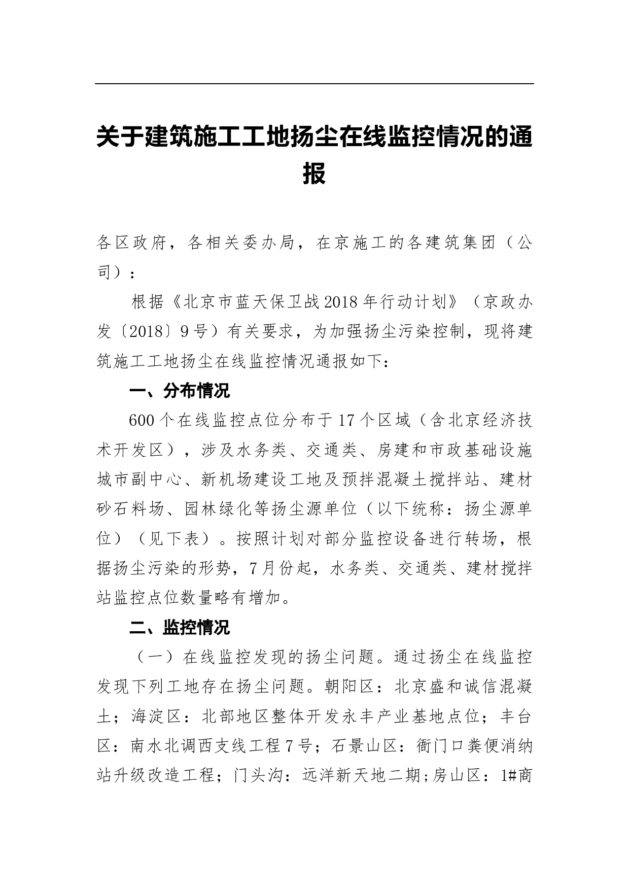 关于建筑施工工地扬尘在线监控情况的通报.docx 第1页