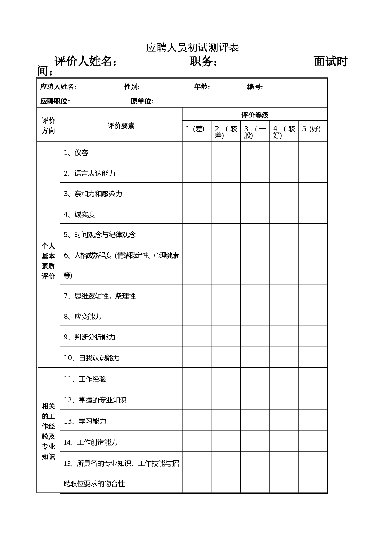 【面试】应聘人员初试测评表.doc 第1页