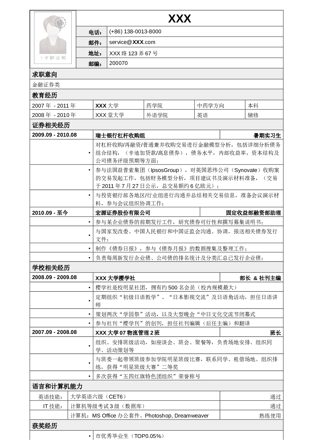 应聘金融证券类简历模板2.doc 第1页