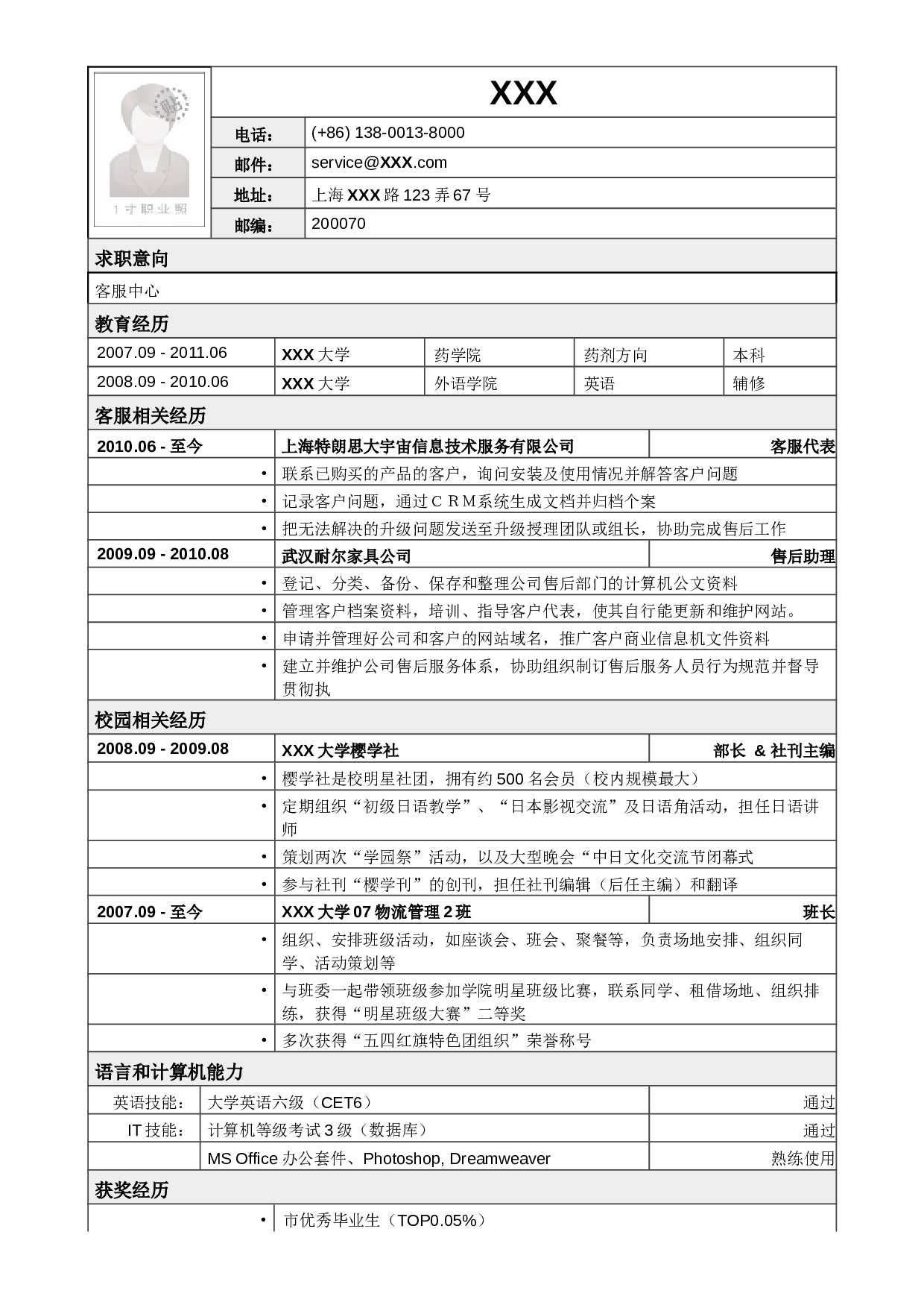 应聘客服类岗位简历模板.doc 第1页