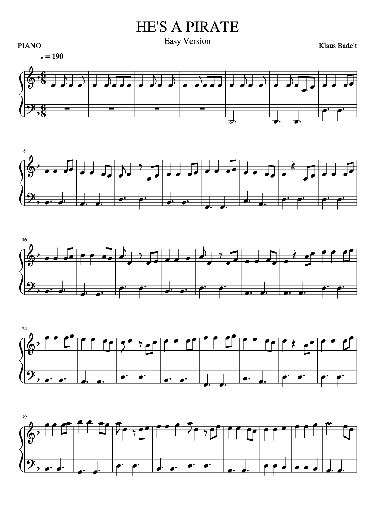 加勒比海盗He's_A_Pirate_-_Easy_Piano.pdf 第1页